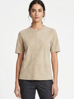 Equipment Femme Womens Solid Suede Short Sleeve Shirt Blouse Beige Size Small